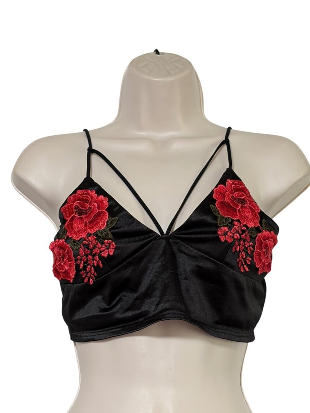 Forever 21 Large Satin Bralette Bra Top Cropped Strappy Rose Applique Whimsigoth